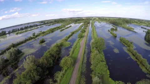 Flying over windmill drone flying over Dutch dike swamp lake water peatland turf Stock Footage 52523995