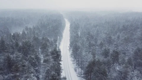 Flying over the winter forest and empty snow-covered road. It is snowing, frozen Stock Footage 101700598
