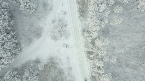 Flying over the winter forest and empty snow-covered road. It is snowing, frozen Video stock 126358485
