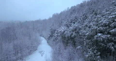 Flying over a winter forest and snow covered road. Stock Footage 130353944