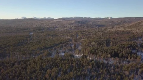 Flying over winter forest to the big snow mountain ridge Stock Footage 84178432
