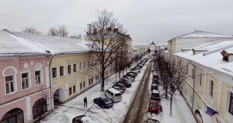 Flying over winter Yaroslavl on a cloudy day Stock Footage 89513831