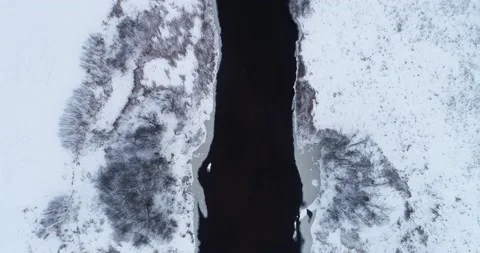 Flying over a wintery river Stock Footage 147357132