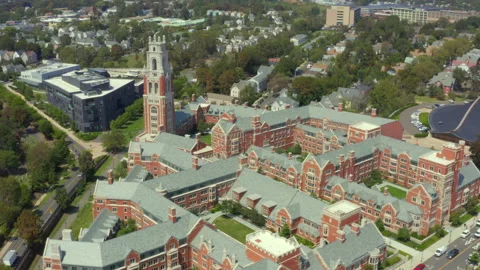 Flying over Yale University’s Benjamin Franklin College Stock Footage 163285705