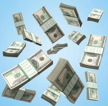 Flying a pack of dollar bills 3d render on blue background Stock Illustration