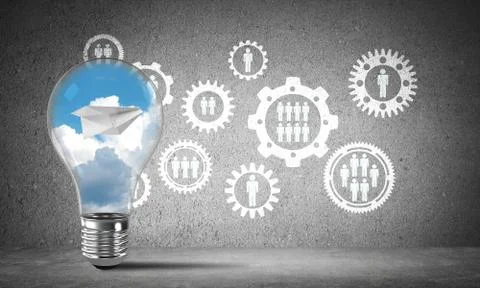 Flying paper plane in the sky inside lightbulb. Stock Illustration
