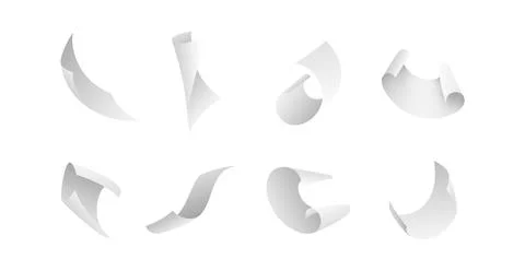 Flying papers. Blank white 3D paper sheet falling down. Curved corners pages Stock Illustration