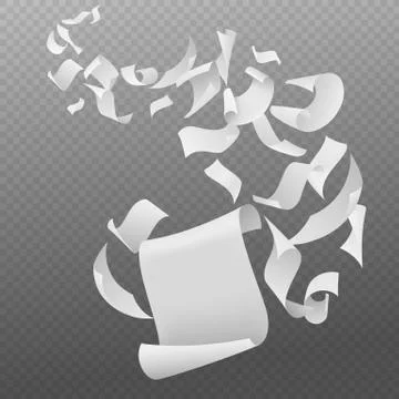 Flying papers. White blank sheets paper with bent corners, chaotic falling and Stock Illustration