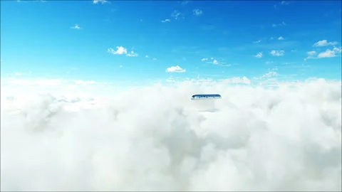 Flying passenger train in clouds. 3d peoples and robots. Utopia. concept of the Stock Footage 244628428