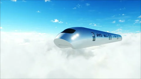 Flying passenger train in clouds. 3d peoples and robots. Utopia. concept of the Stock Footage 244628618