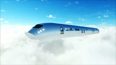 Flying passenger train in clouds. 3d peoples and robots. Utopia. concept of the Stock Footage 244628795
