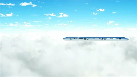 Flying passenger train in clouds. 3d peoples and robots. Utopia. concept of the Stock Footage 244629004