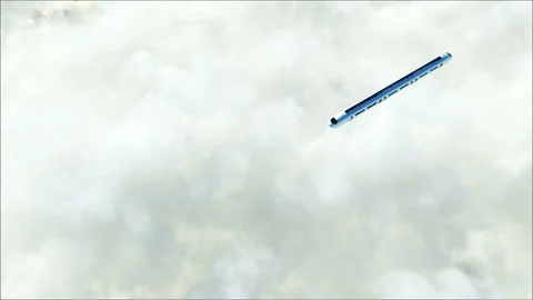 Flying passenger train in clouds. 3d peoples and robots. Utopia. concept of the Stock Footage 244629283