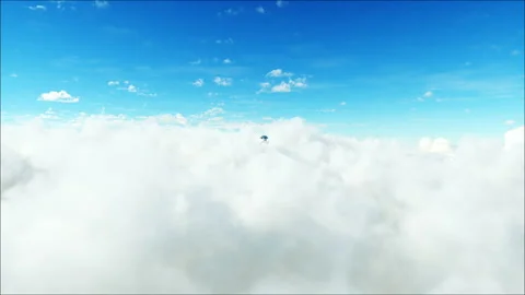Flying passenger train in clouds. 3d peoples and robots. Utopia. concept of the Stock Footage 244629452