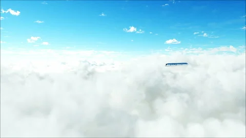 Flying passenger train in clouds. 3d peoples and robots. Utopia. concept of the Stock Footage 244629785