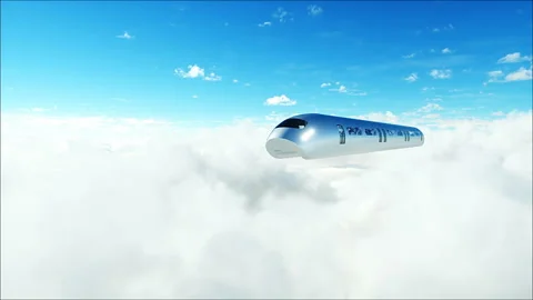 Flying passenger train in clouds. 3d peoples and robots. Utopia. concept of the Stock Footage 244629978