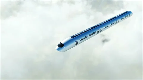 Flying passenger train in clouds. 3d peoples and robots. Utopia. concept of the Stock Footage 244630191
