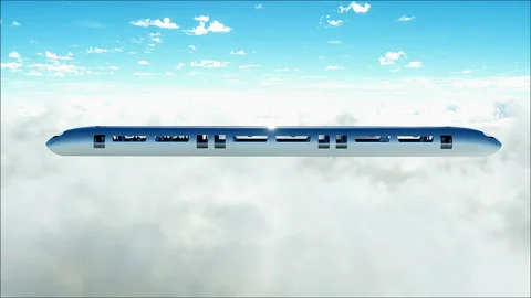 Flying passenger train in clouds. 3d peoples and robots. Utopia. concept of the Stock Footage 244630788