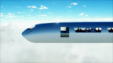 Flying passenger train in clouds. 3d peoples and robots. Utopia. concept of the Stock Footage 244631068