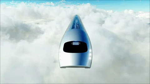Flying passenger train in clouds. 3d peoples and robots. Utopia. concept of the Stock Footage 244631306