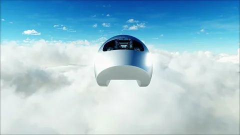Flying passenger train in clouds. 3d peoples and robots. Utopia. concept of the Stock Footage 244631504