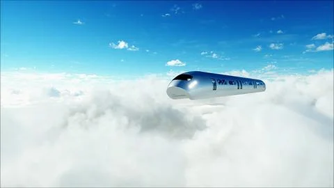 Flying passenger train in clouds. Utopia. concept of the future. Aerial Stock Illustration