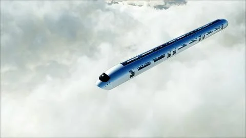 Flying passenger train in clouds. Utopia. concept of the future. Aerial Stock Illustration