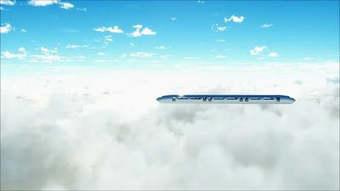 Flying passenger train in clouds. Utopia. concept of the future. Aerial Stock Illustration