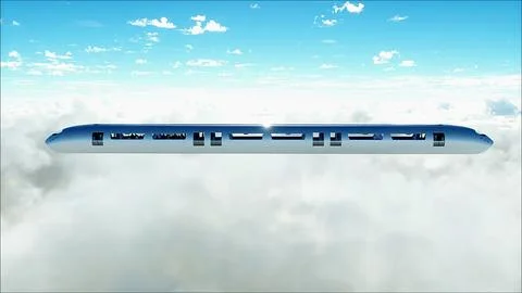 Flying passenger train in clouds. Utopia. concept of the future. Aerial Stock Illustration