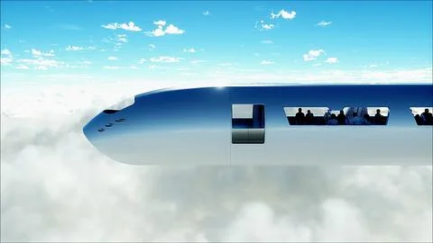 Flying passenger train in clouds. Utopia. concept of the future. Aerial Stock Illustration