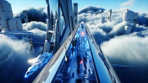 Flying passenger train. Futuristic sci fi city in clouds. Utopia. concept of the Video stock 145921342