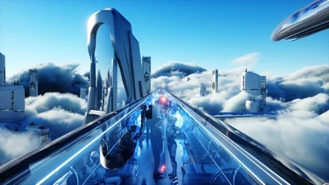 Flying passenger train. Futuristic sci fi city in clouds. Utopia. concept of the Stock Footage 145921453