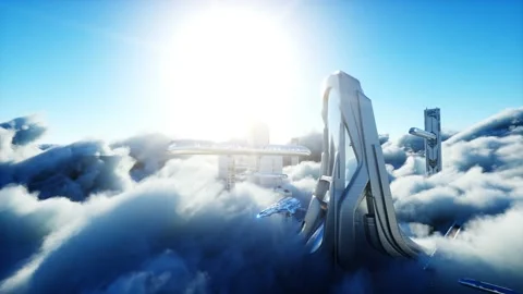 Flying passenger train. Futuristic sci fi city in clouds. Utopia. concept of the Stock Footage 145921476