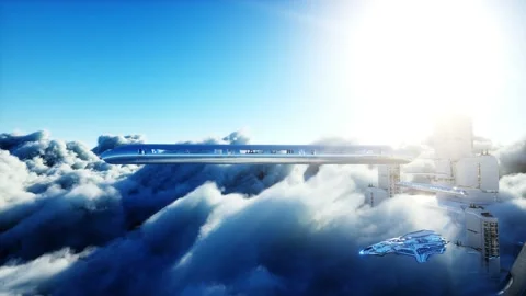 Flying passenger train. Futuristic sci fi city in clouds. Utopia. concept of the Stockbeeldmateriaal 145921486