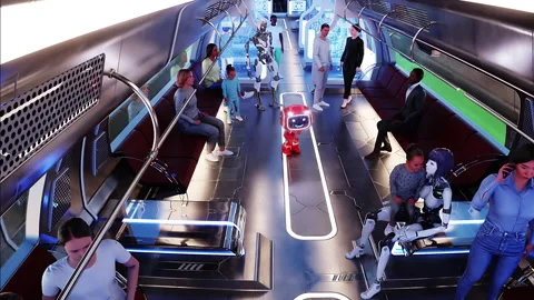 Flying passenger train. Interior. People and robots. Green screen isolate. Stock-Footage 336024999