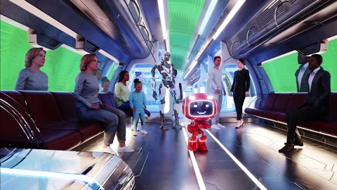 Flying passenger train. Interior. People and robots. Green screen isolate. Stock Footage 336025004