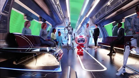 Flying passenger train. Interior. People and robots. Green screen isolate. Stock Footage 336025009