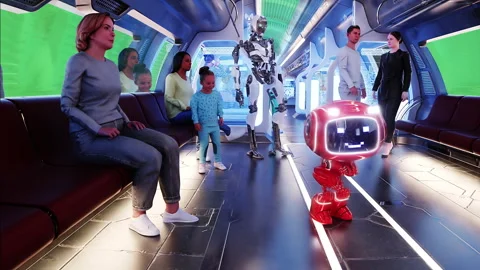 Flying passenger train. Interior. People and robots. Green screen isolate. Stock Footage 336025021