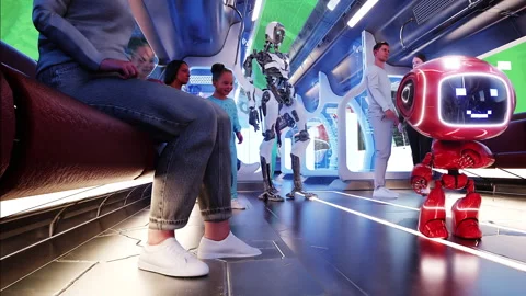 Flying passenger train. Interior. People and robots. Green screen isolate. Stock Footage 336025023