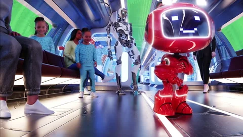 Flying passenger train. Interior. People and robots. Green screen isolate. Stock Footage 336025033