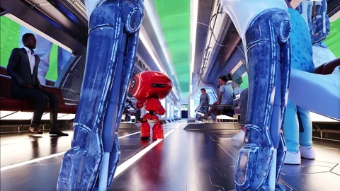 Flying passenger train. Interior. People and robots. Green screen isolate. Stock Footage 336025036