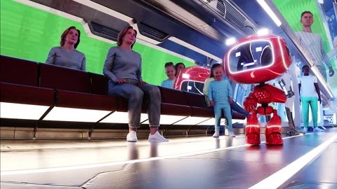 Flying passenger train. Interior. People and robots. Green screen isolate. Stock Footage 336025046