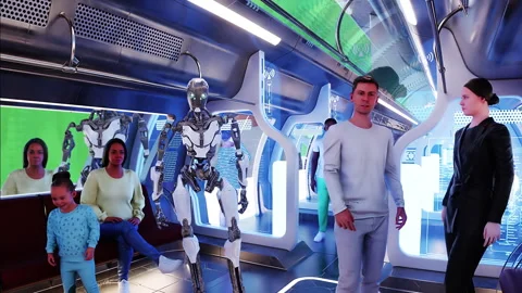 Flying passenger train. Interior. People and robots. Green screen isolate. Stock Footage 336025048