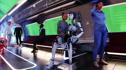 Flying passenger train. Interior. People and robots. Green screen isolate. Stock Footage 336025054