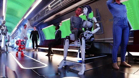 Flying passenger train. Interior. People and robots. Green screen isolate. Stock Footage 336025059