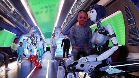 Flying passenger train. Interior. People and robots. Green screen isolate. Stock Footage 336025074