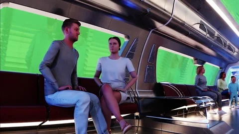 Flying passenger train. Interior. People and robots. Green screen isolate. Stock Footage 336025091