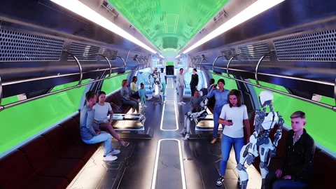 Flying passenger train. Interior. People and robots. Green screen isolate. Stock Footage 336025101