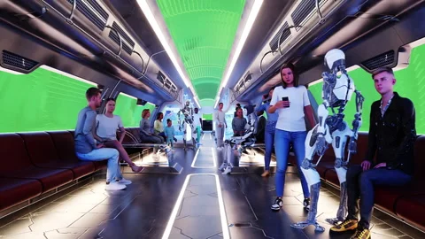 Flying passenger train. Interior. People and robots. Green screen isolate. Stock Footage 336025111