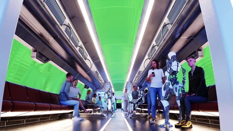 Flying passenger train. Interior. People and robots. Green screen isolate. Stock Footage 336025139